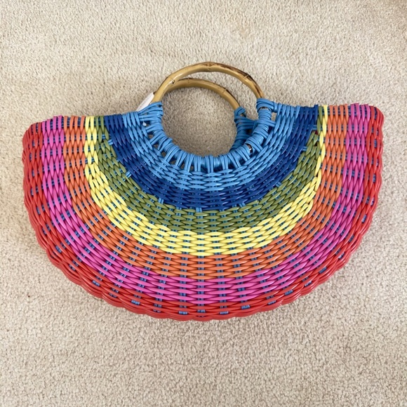 Colorful Woven Women's Bag with Bamboo Handle - Picture 3 of 6